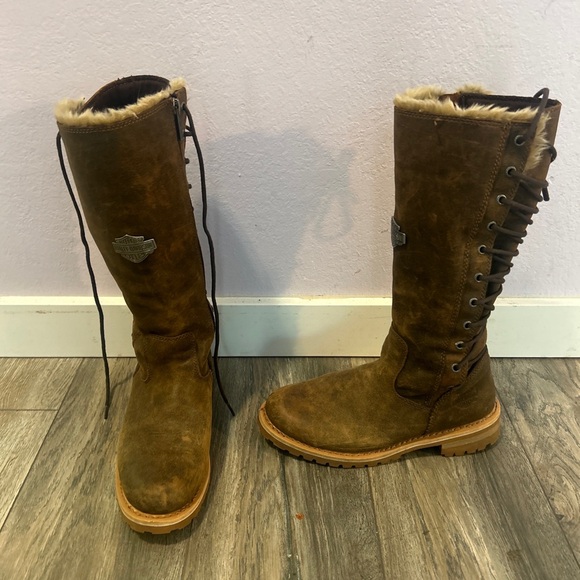 HARLEY-DAVIDSON Brown Leather Dorland Zip Motorcycle Full Back-Lace Up Boots 9.5 - Picture 1 of 16